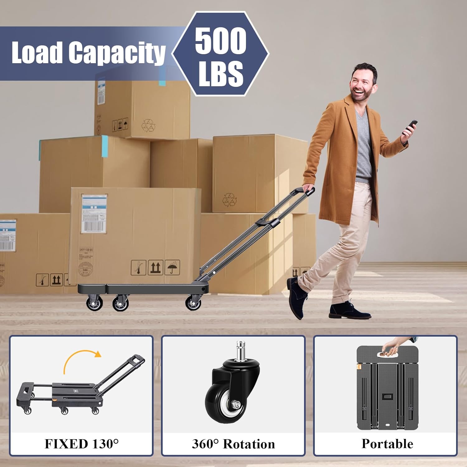 Folding Hand Truck 200KG 6 Wheel Utility Cart Black