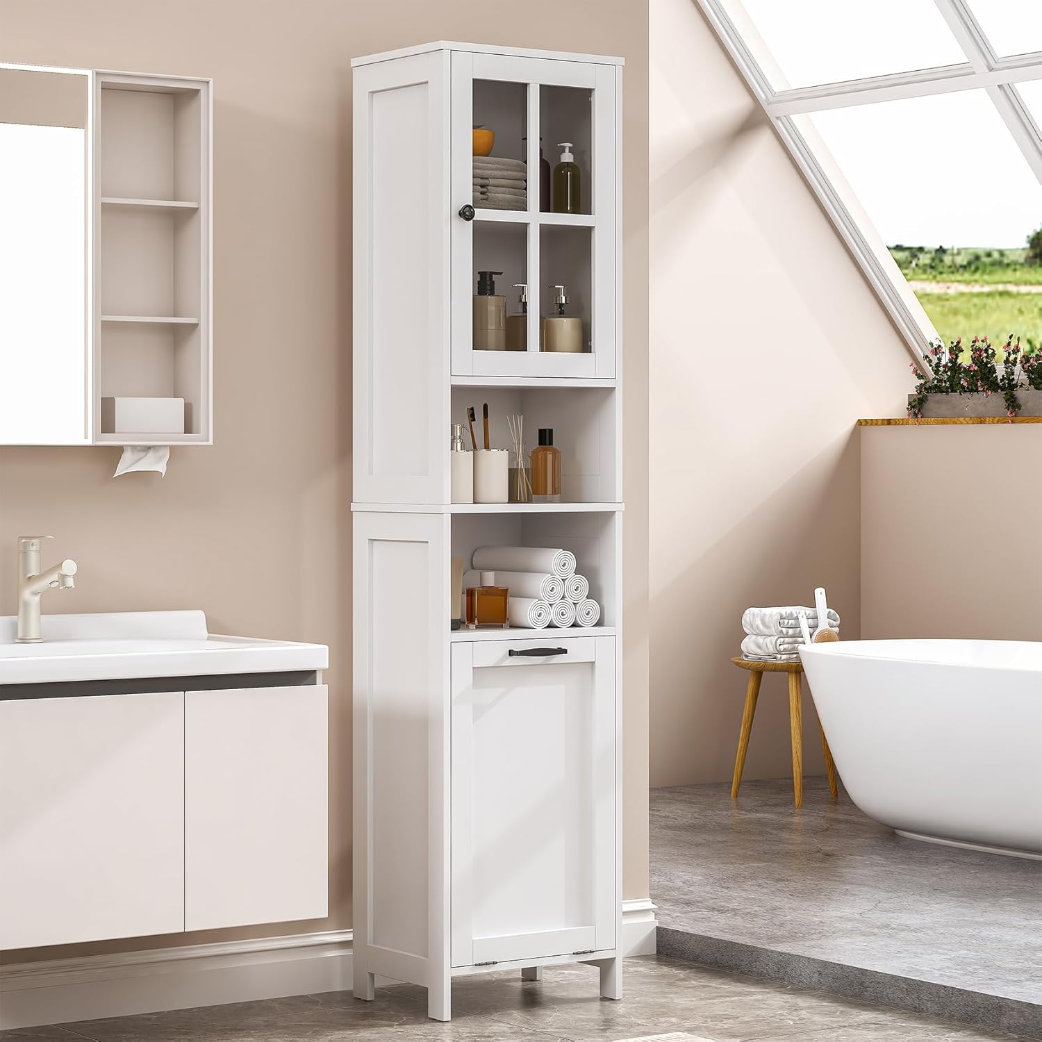Tall Bathroom Cabinet White Laundry Basket Shelf Unit