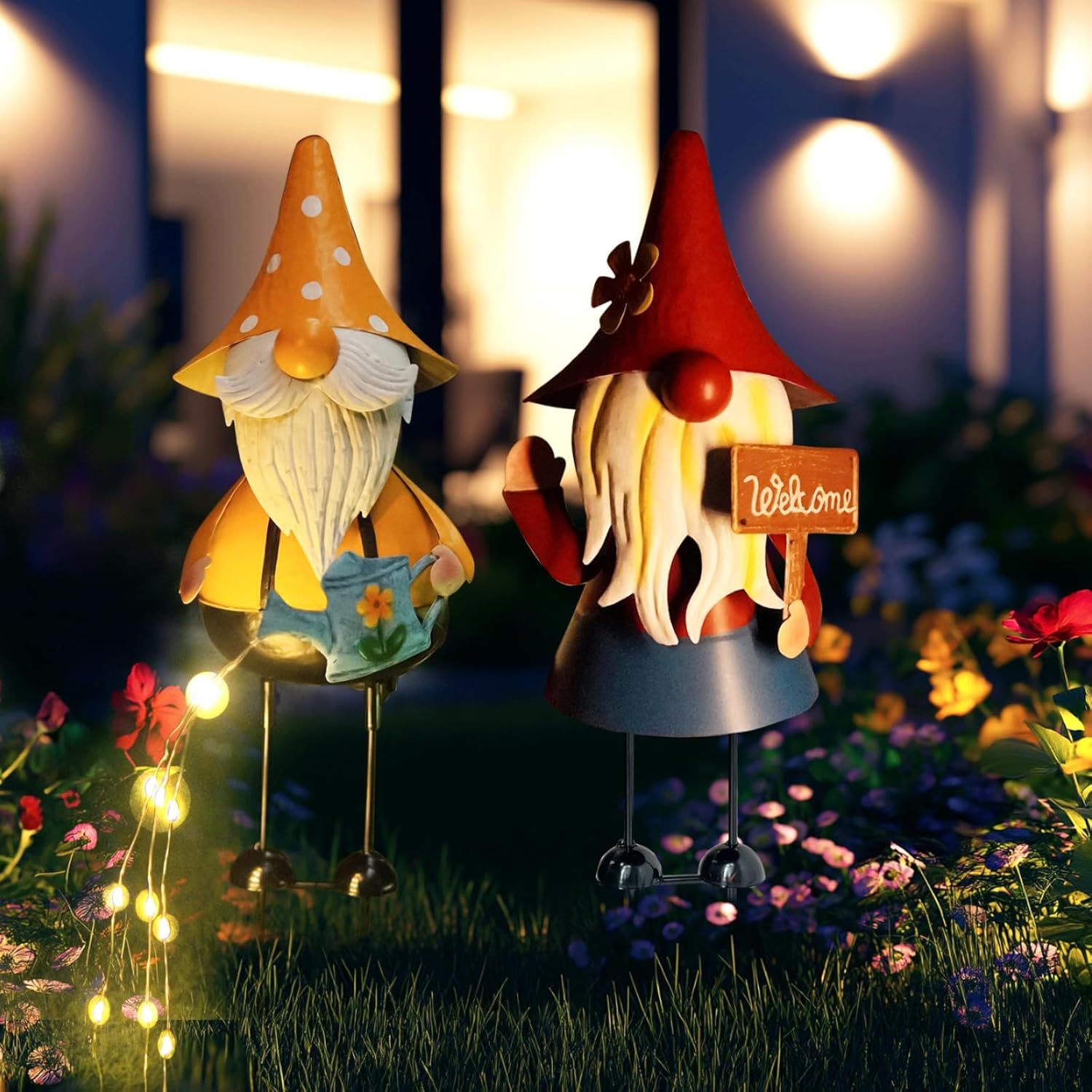 Solar Gnome Garden Statue Watering Can LED Lights 18in Decor