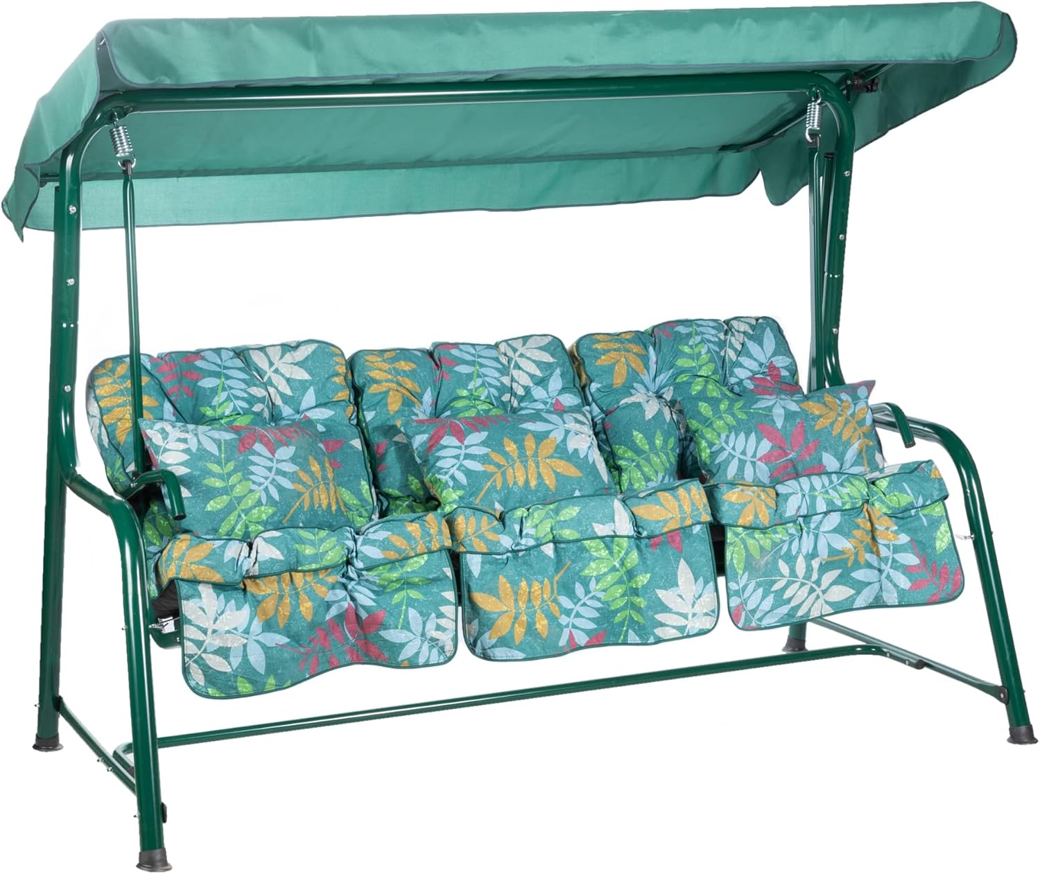 3 Seater Reclining Garden Swing Seat Green Canopy Cushions