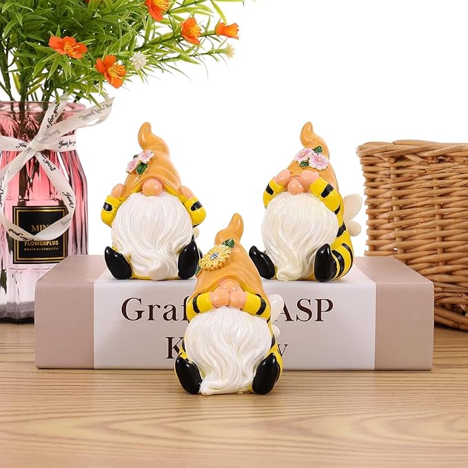 Bee Gnome Figurines Set Funny See Hear Speak No Evil Decor
