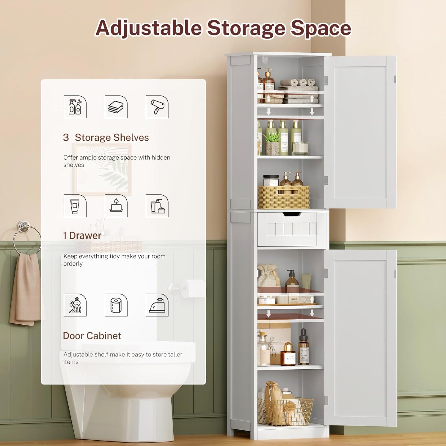 Tall Bathroom Storage Cabinet 40cm Wide Drawer Shelves White