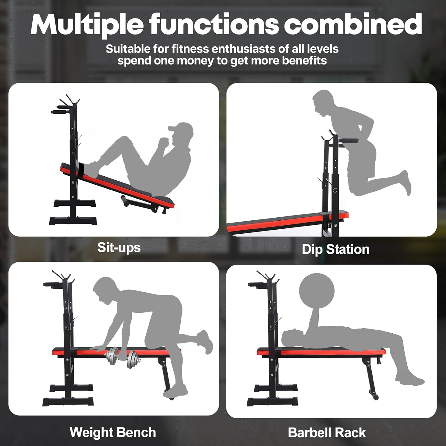 Adjustable Weight Bench Barbell Rack Foldable Bench Press Dip Station