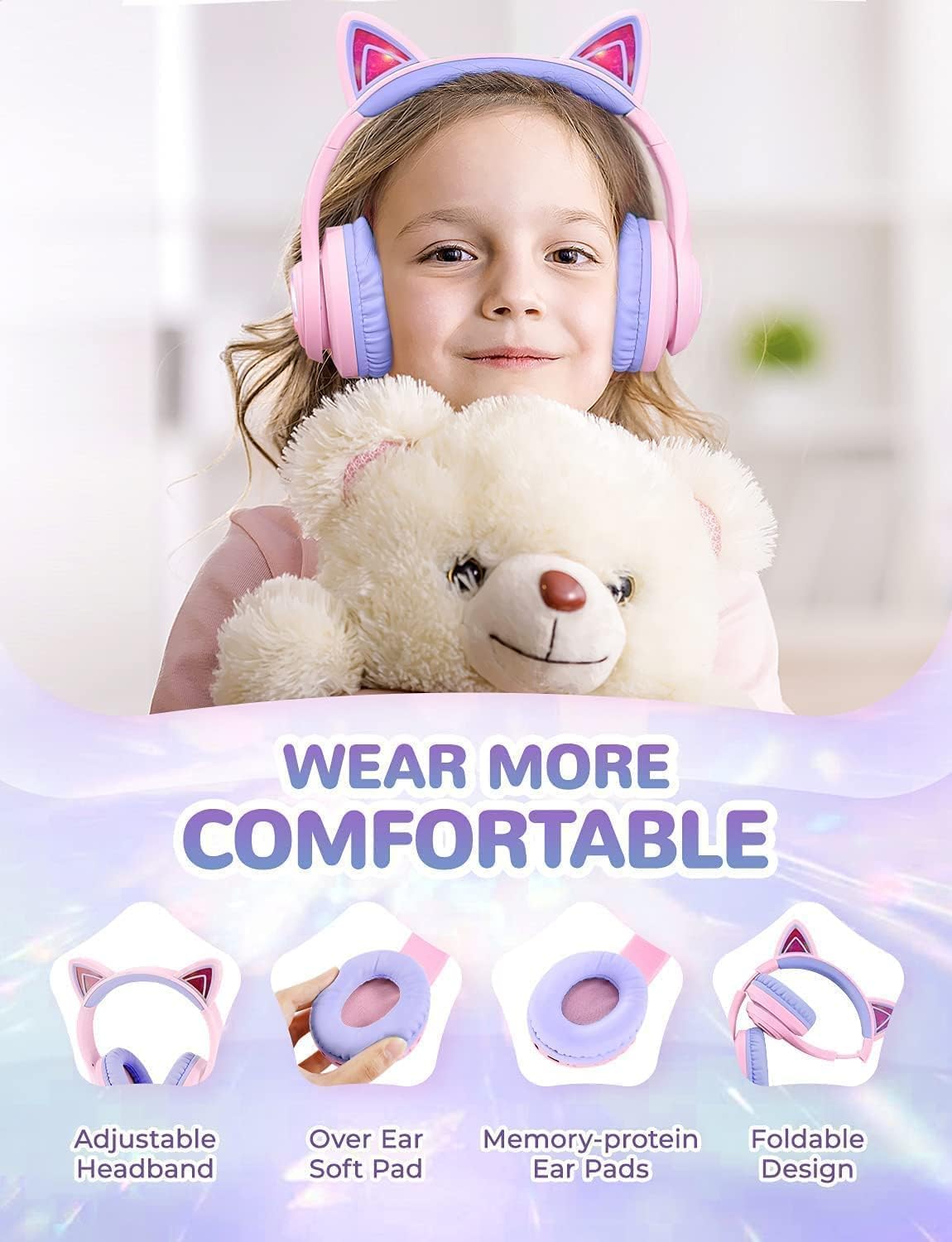 Kids Bluetooth Cat Ear Headphones LED Lights Safe Volume 50 Hour