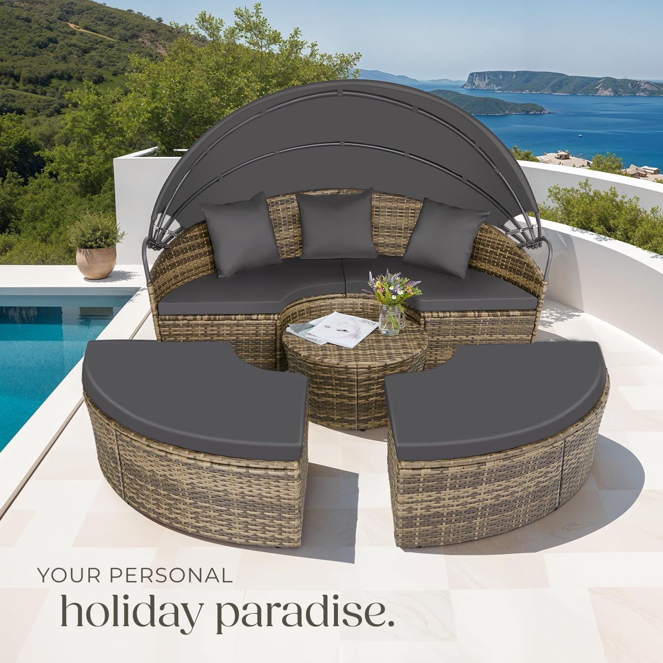 5 Piece Modular Rattan Daybed Set Canopy Nature
