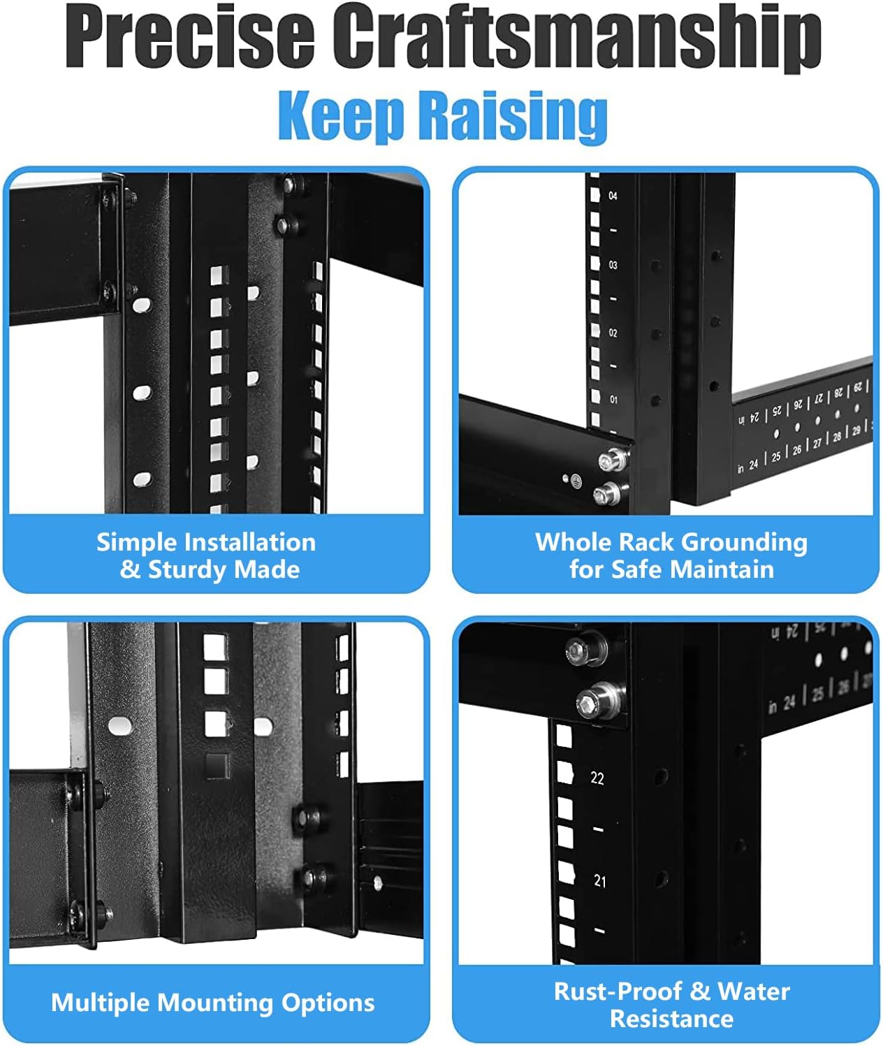 15U 4 Post Open Frame Server Rack Adjustable Depth