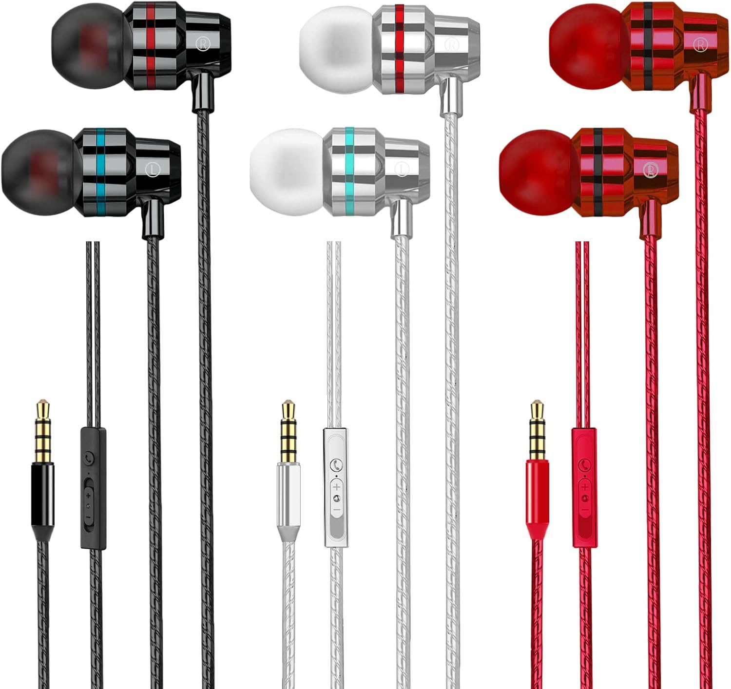 3 Pack Wired In Ear Earphones With Mic Volume Control 3.5mm