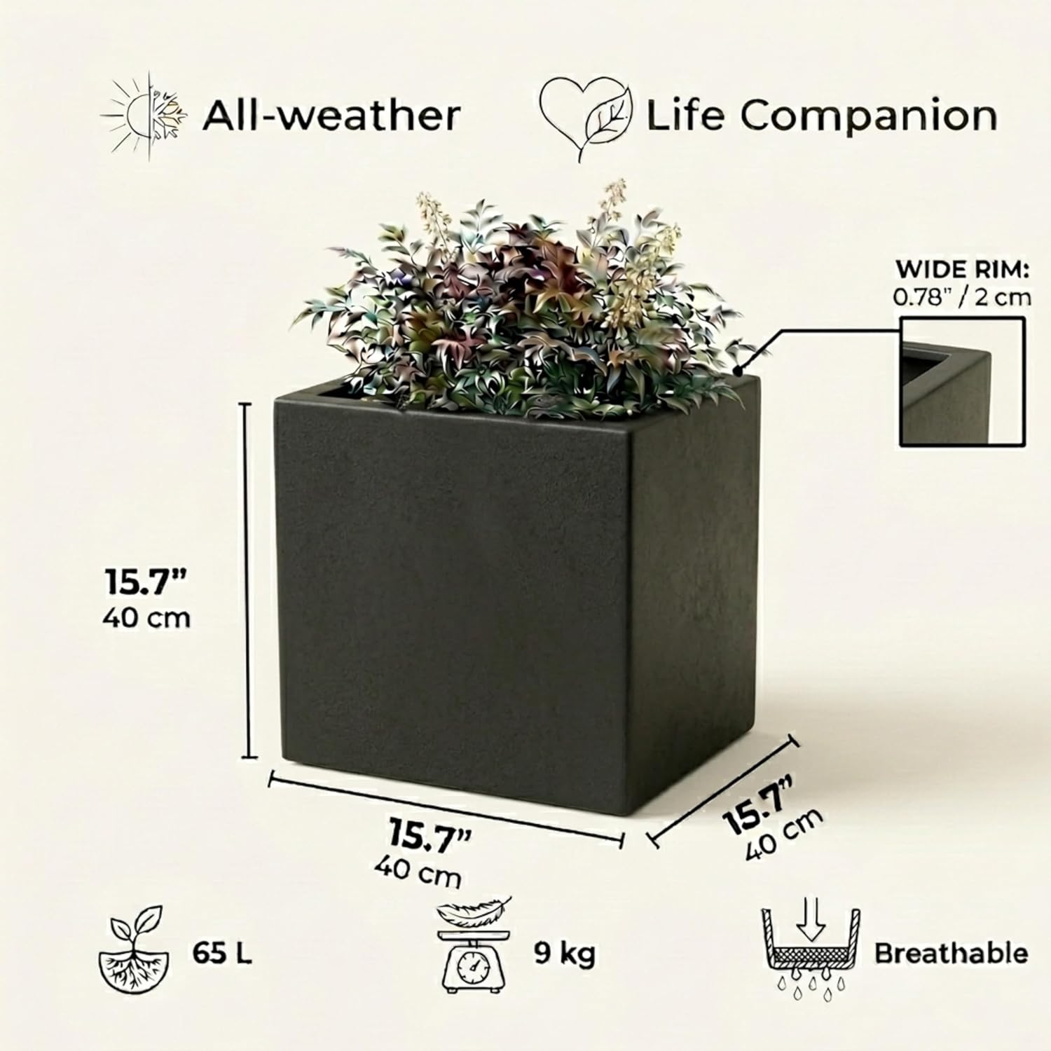 40cm Black Square Planter Stone Effect Garden Pot Drainage