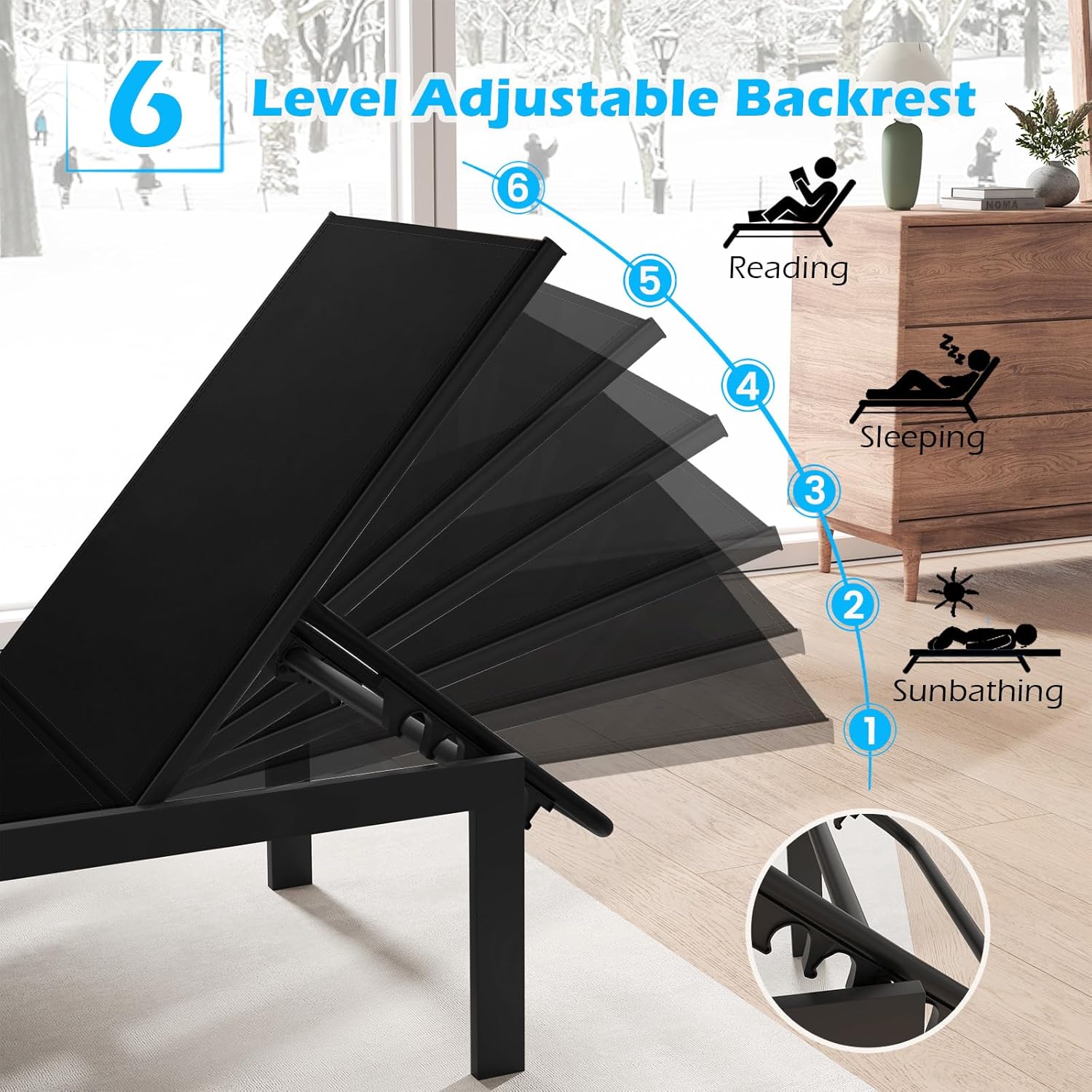 6 Level Aluminum Sun Lounger Recliner Chair Black