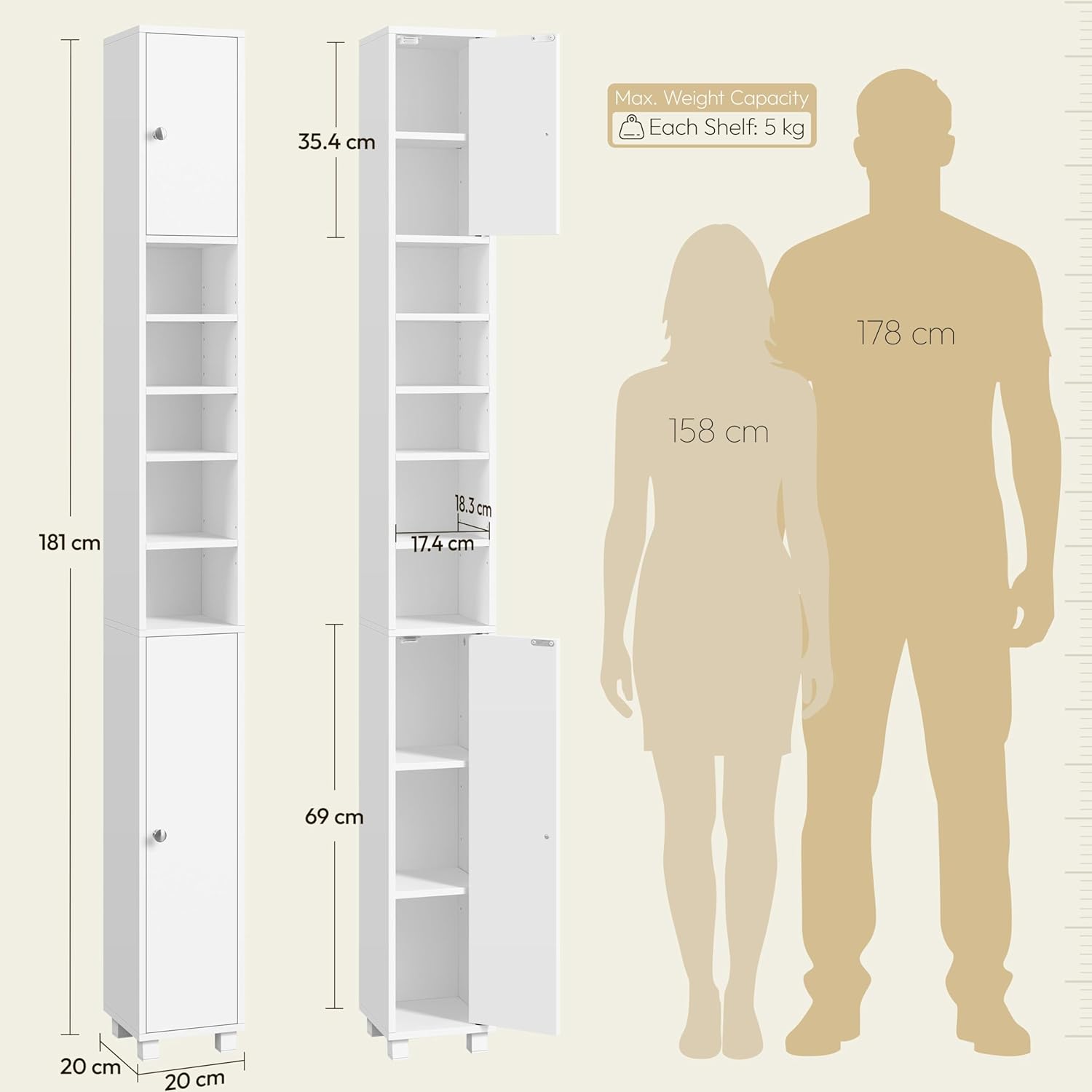 Tall Slim Bathroom Storage Cabinet 6 Adjustable Shelves White 181cm