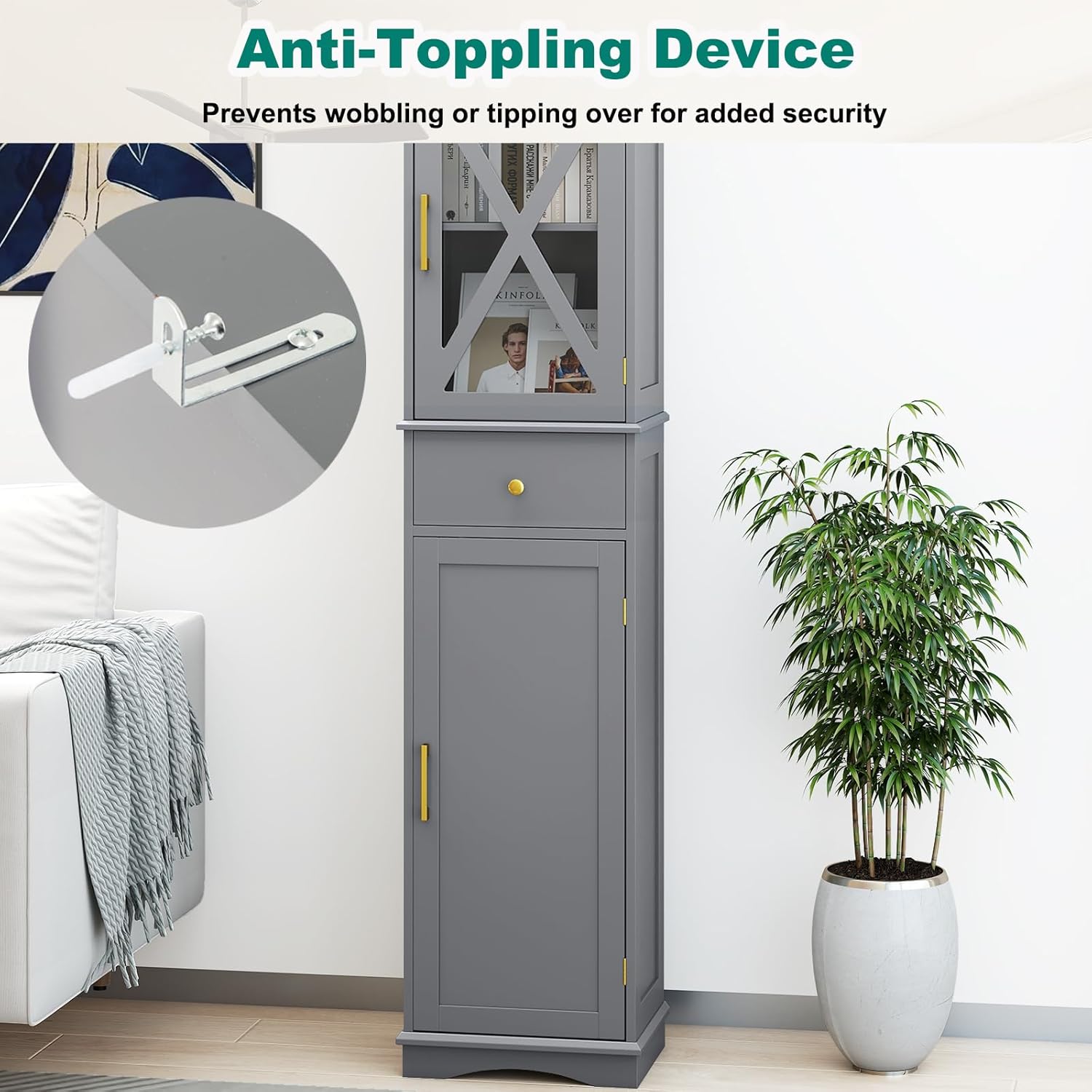 Tall Slim Storage Cabinet Grey Glass Door Drawer Unit