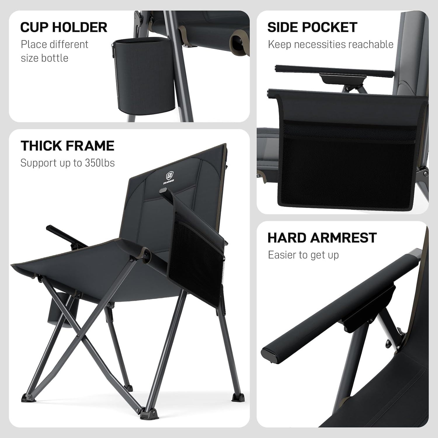 Set of 2 Reclining Camping Chairs Heavy Duty 350lb Black