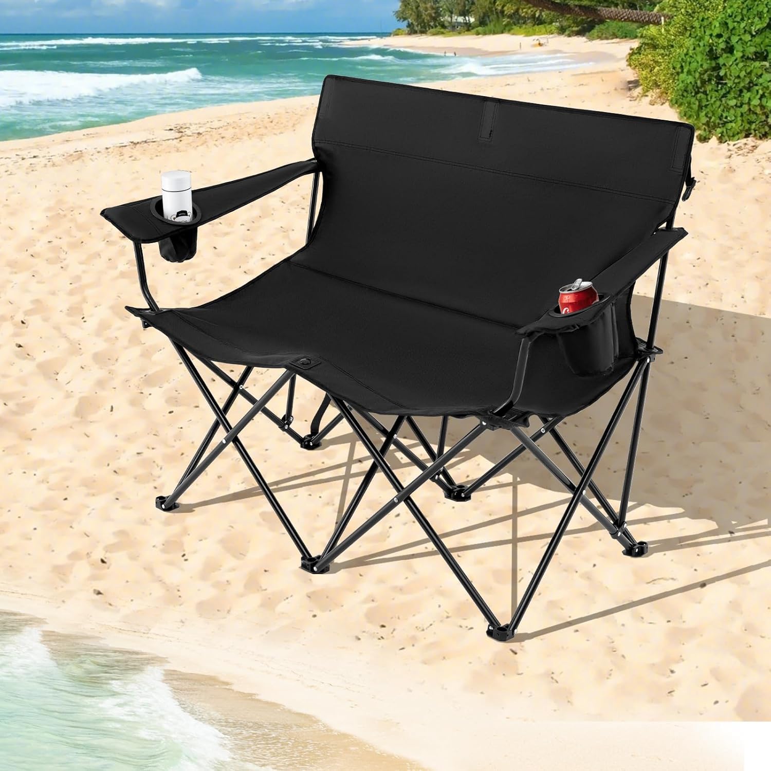 Double Camping Loveseat Chair 300KG Foldable Black