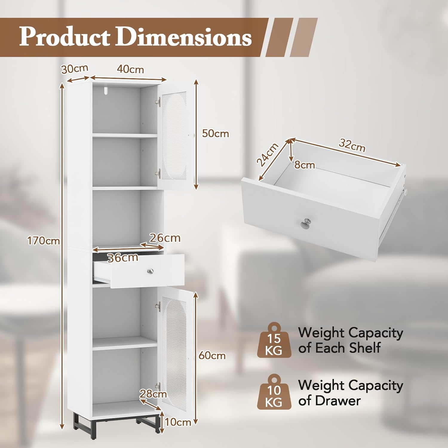 Tall Slim Storage Cabinet White Rattan Drawer Door Unit