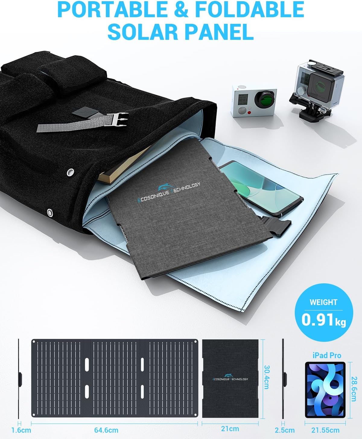 30W Foldable Solar Charger USB C USB A Camping Backpack