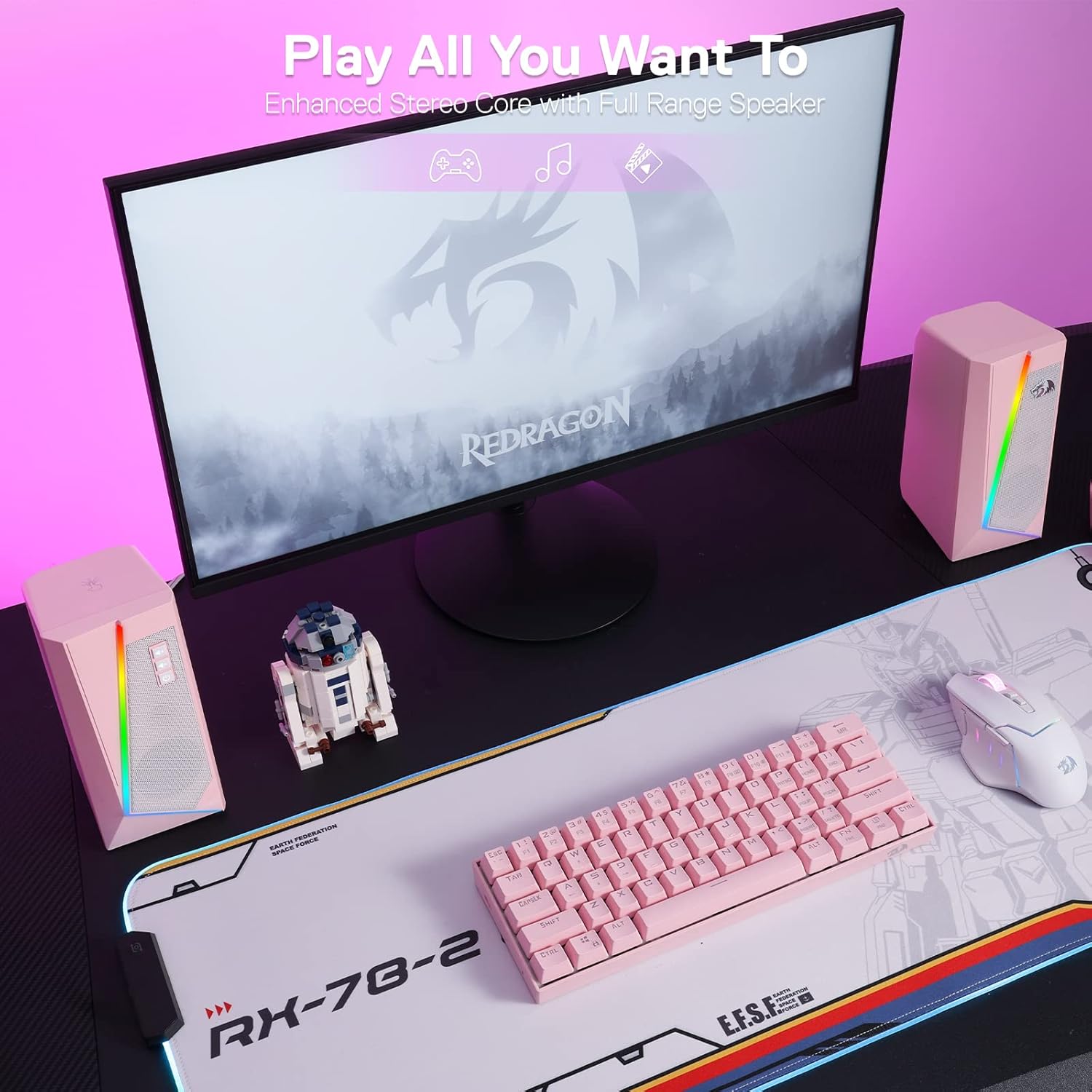 PC Speakers RGB Stereo USB Powered Desktop Audio Pink Bass