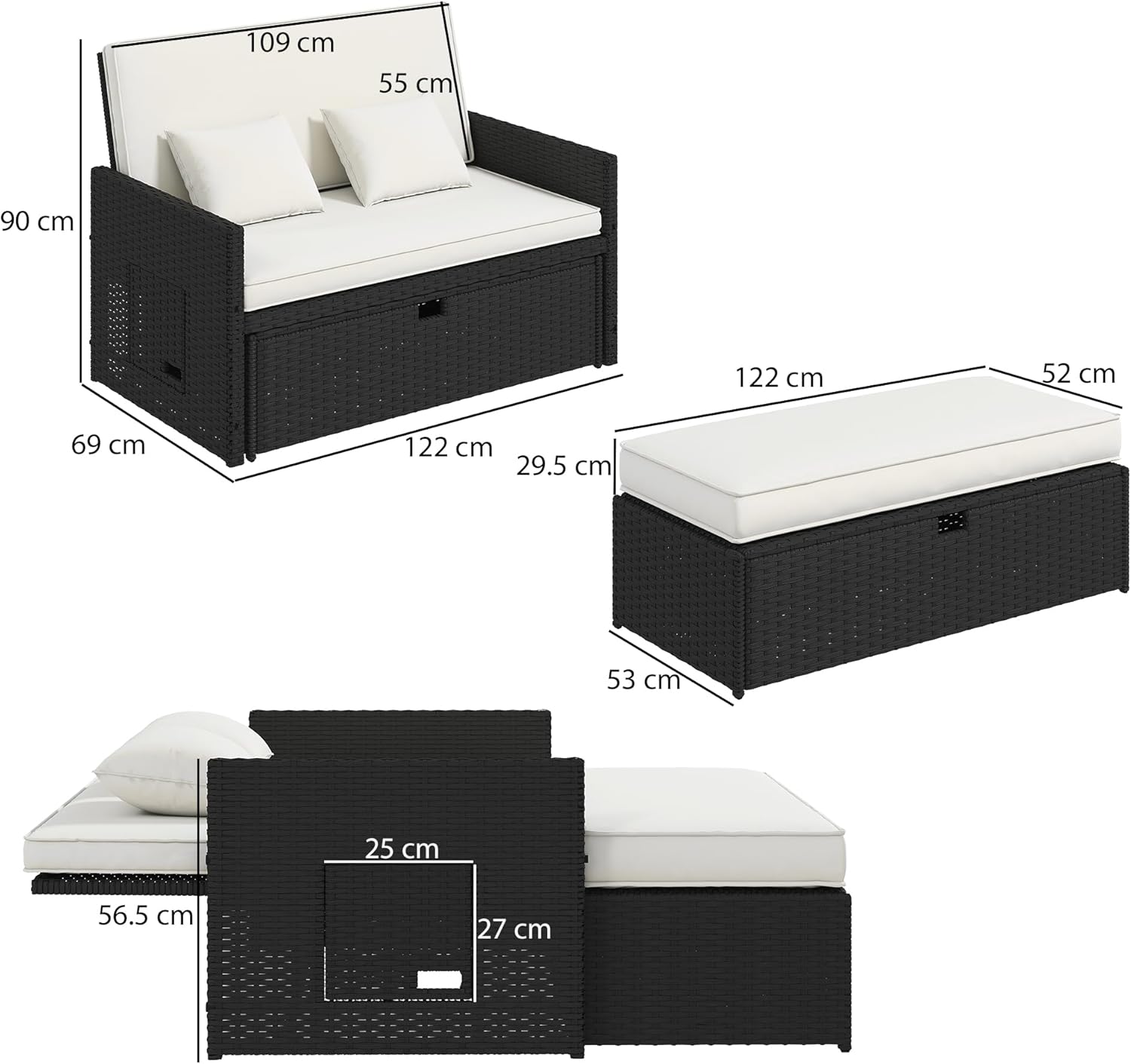 Double Rattan Daybed Sun Lounger Storage Cream White