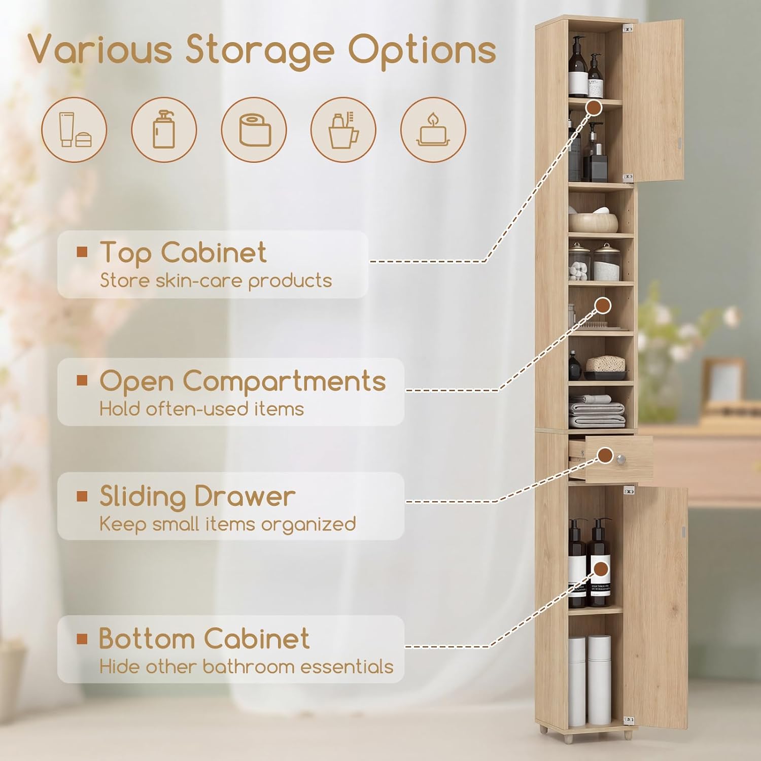 Slim Bathroom Tall Storage Cabinet Drawer Shelf Cupboard Natural