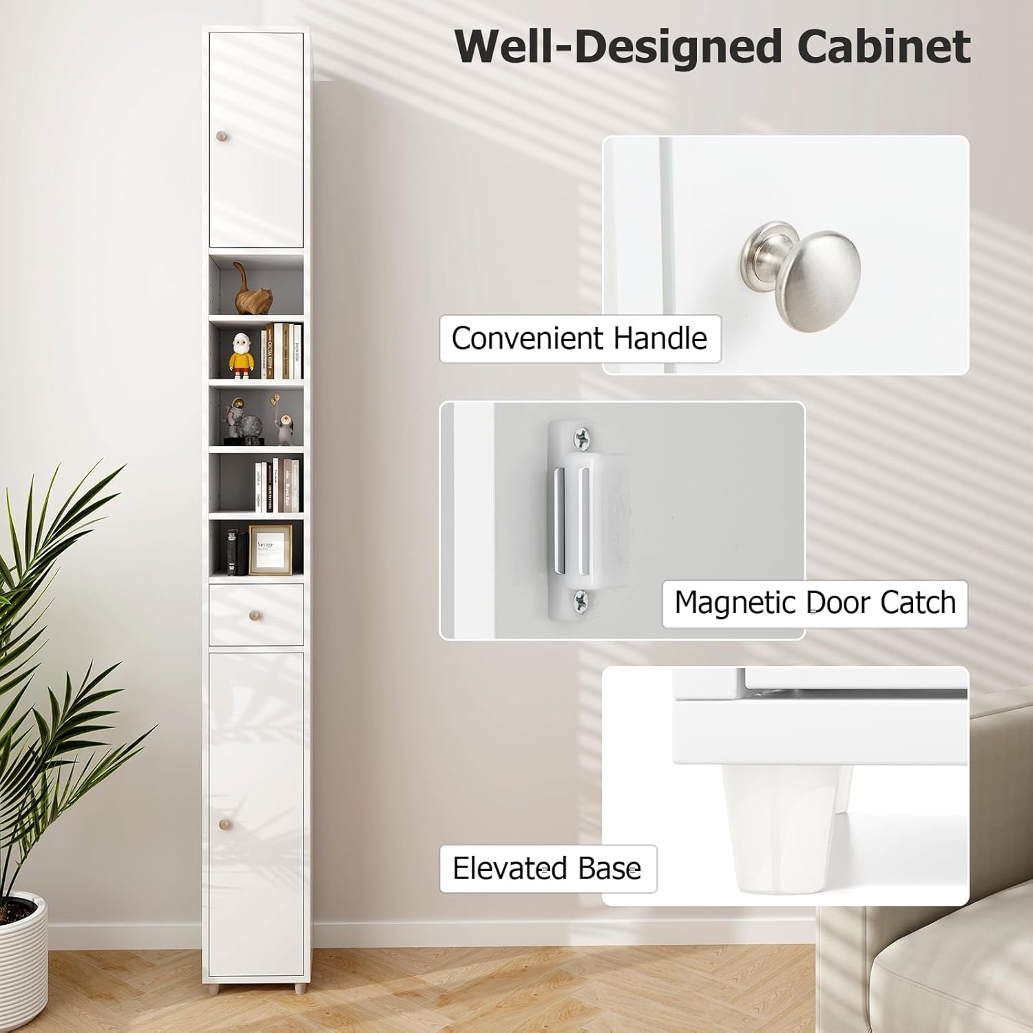 Tall Slim Bathroom Storage Cabinet Drawer Adjustable Shelves White