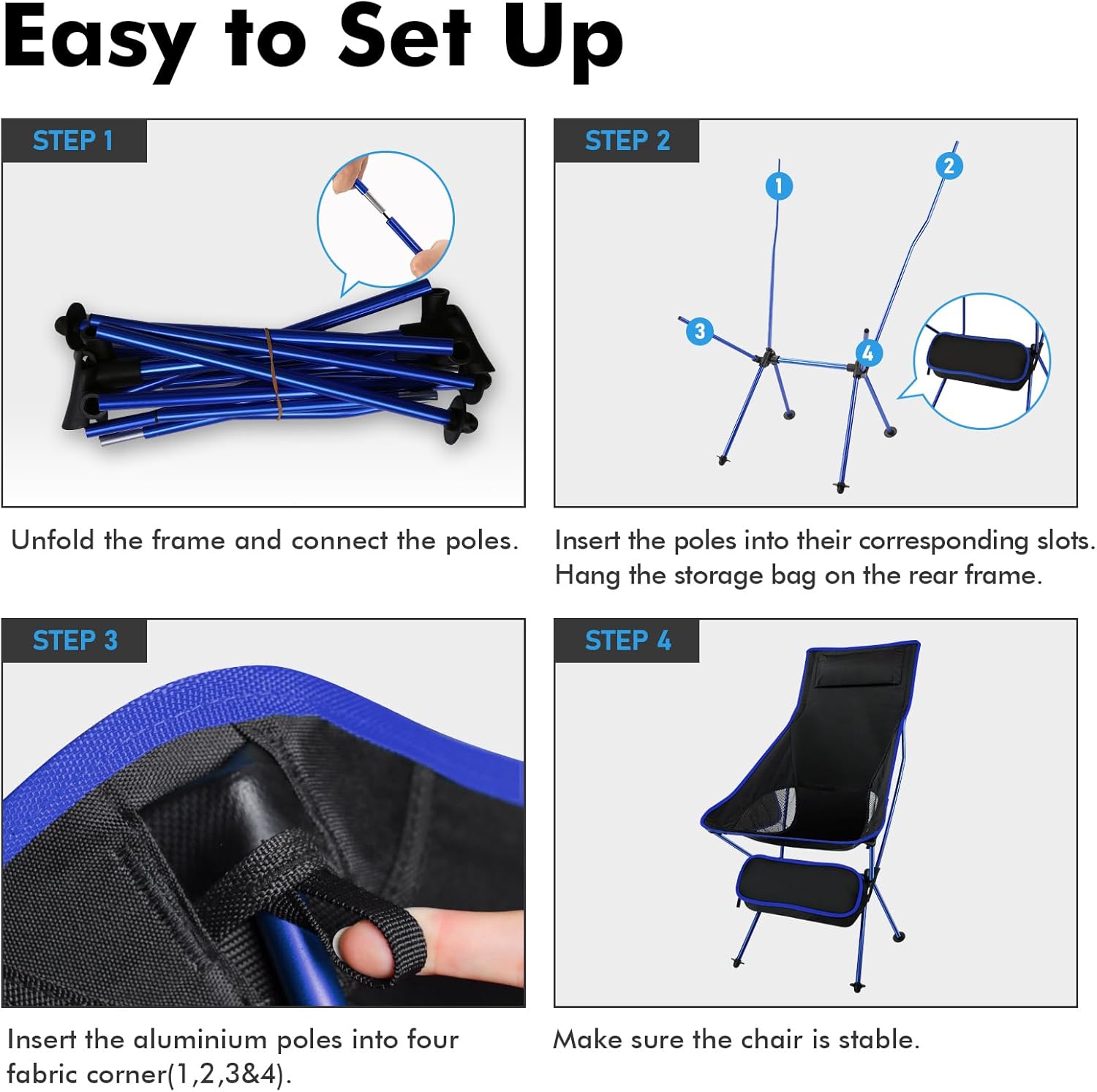 Lightweight High Back Folding Camping Chair with Headrest Blue
