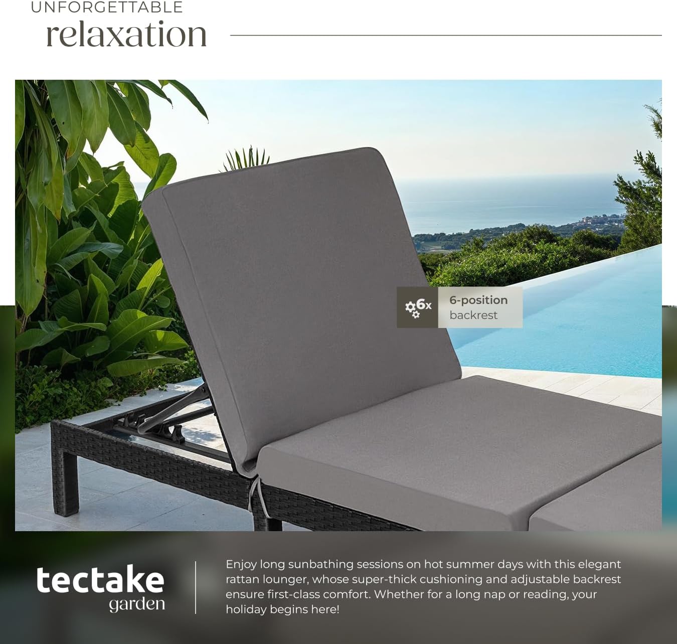 Luxury Rattan Sun Lounger 6 Position Cushion Black