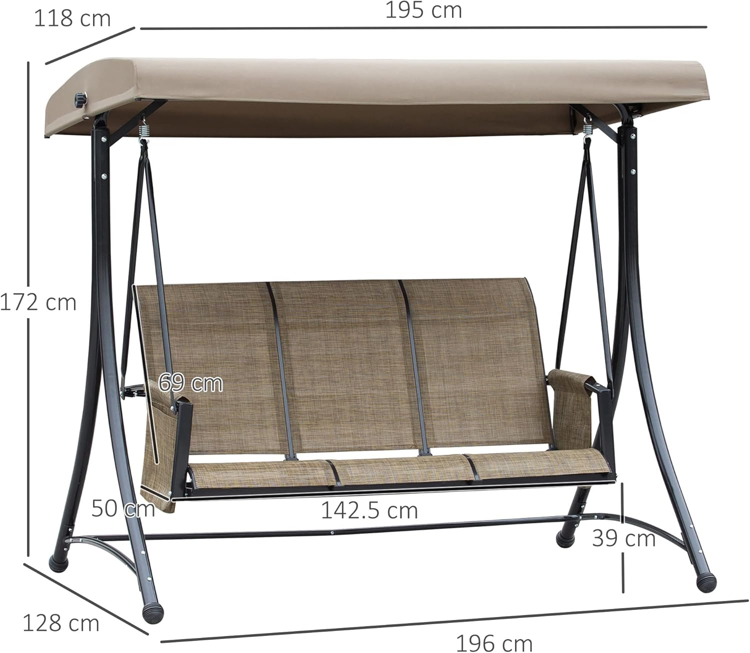 3 Seater Garden Swing Chair Canopy Side Pockets Brown