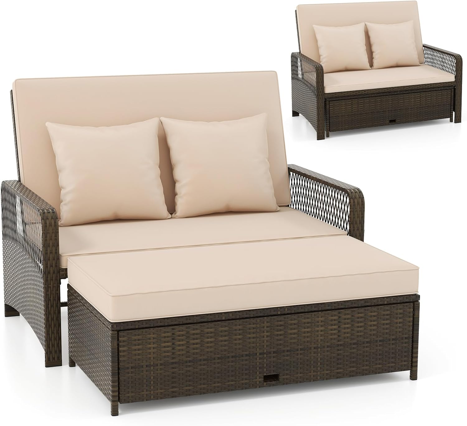 Rattan Garden Daybed Double Lounger Storage Ottoman Beige