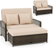 Rattan Garden Daybed Double Lounger Storage Ottoman Beige