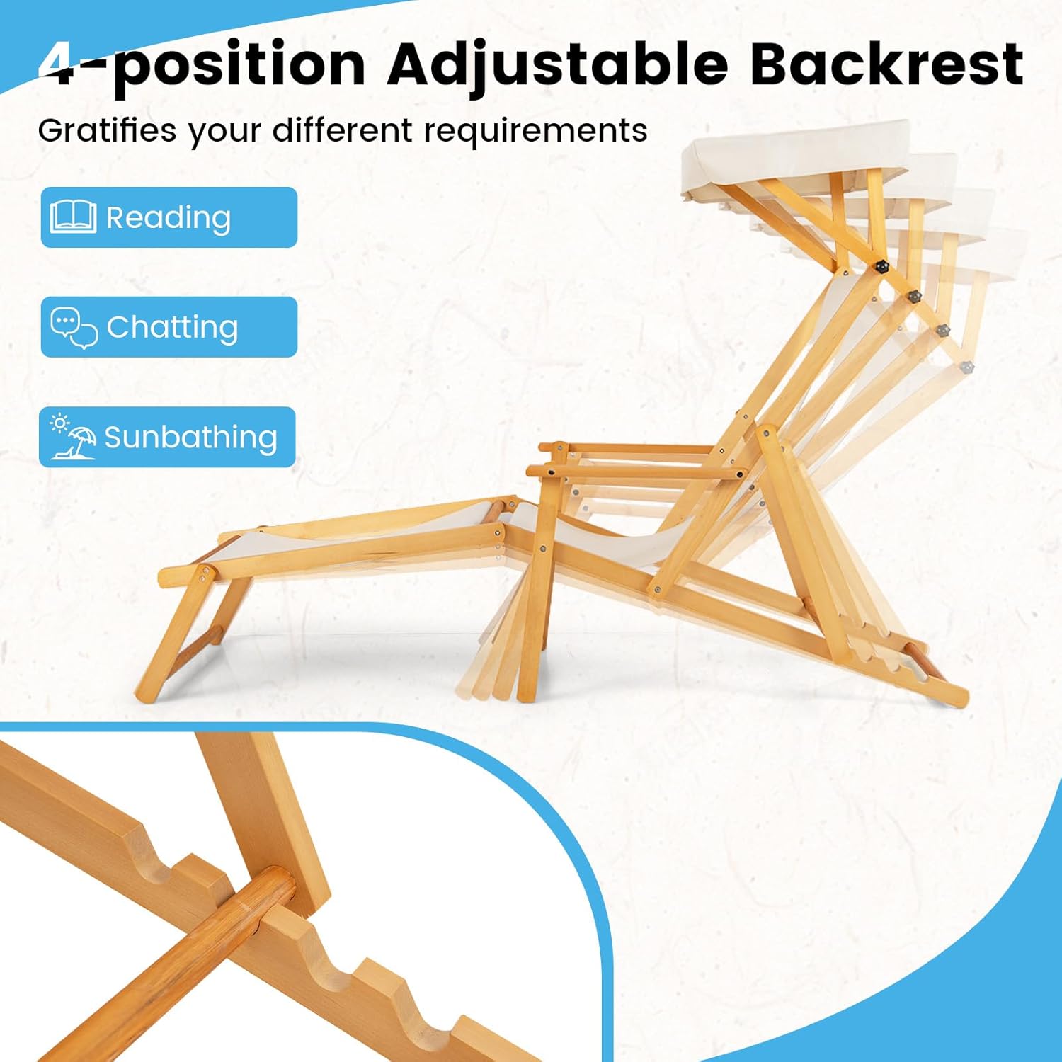 Foldable Wooden Sun Lounger with Canopy Recliner Beige