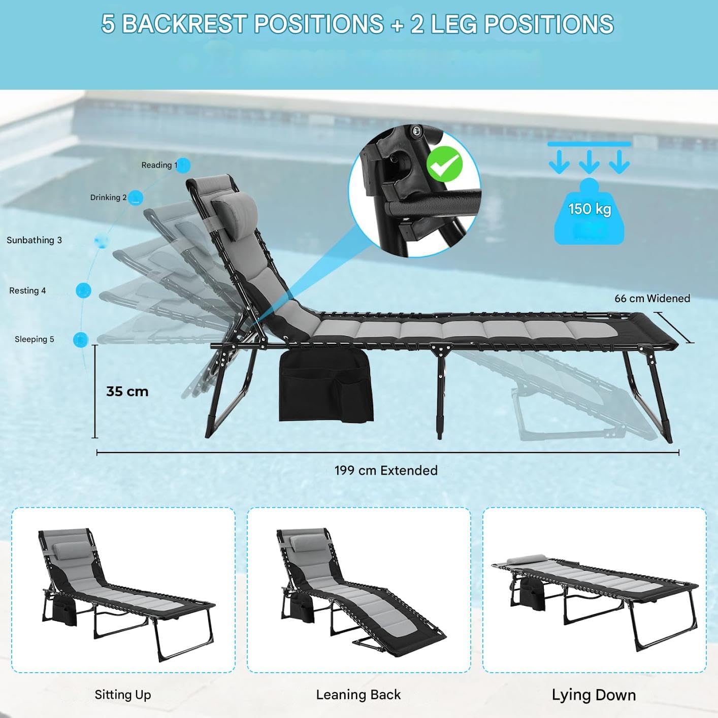 Set of 2 XXL Folding Sun Loungers Dark Grey