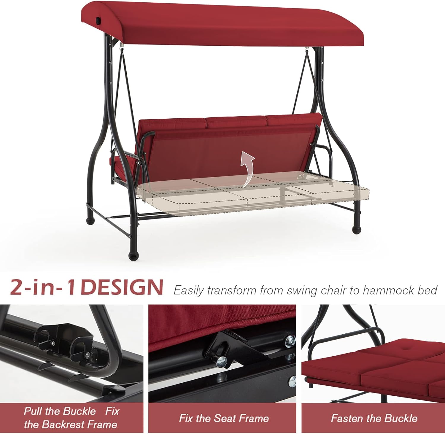 3 Seater Garden Swing Bed Red Canopy Cushion Steel