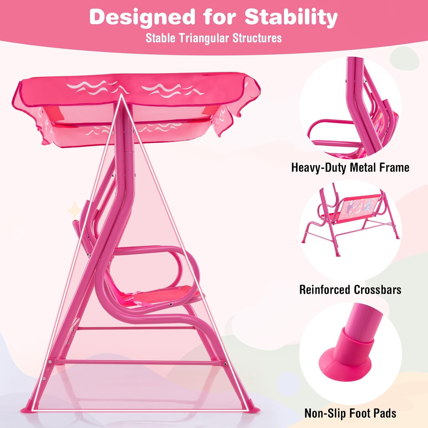 Kids 2 Seat Swing Chair Pink Canopy Safety Belts