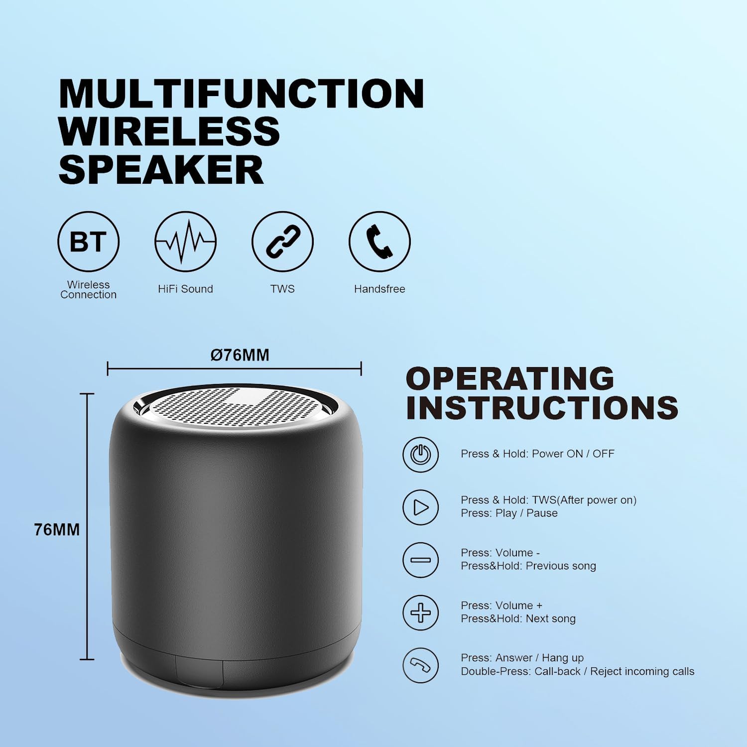 Portable Bluetooth Speaker Waterproof IPX5 Stereo Bass 12H