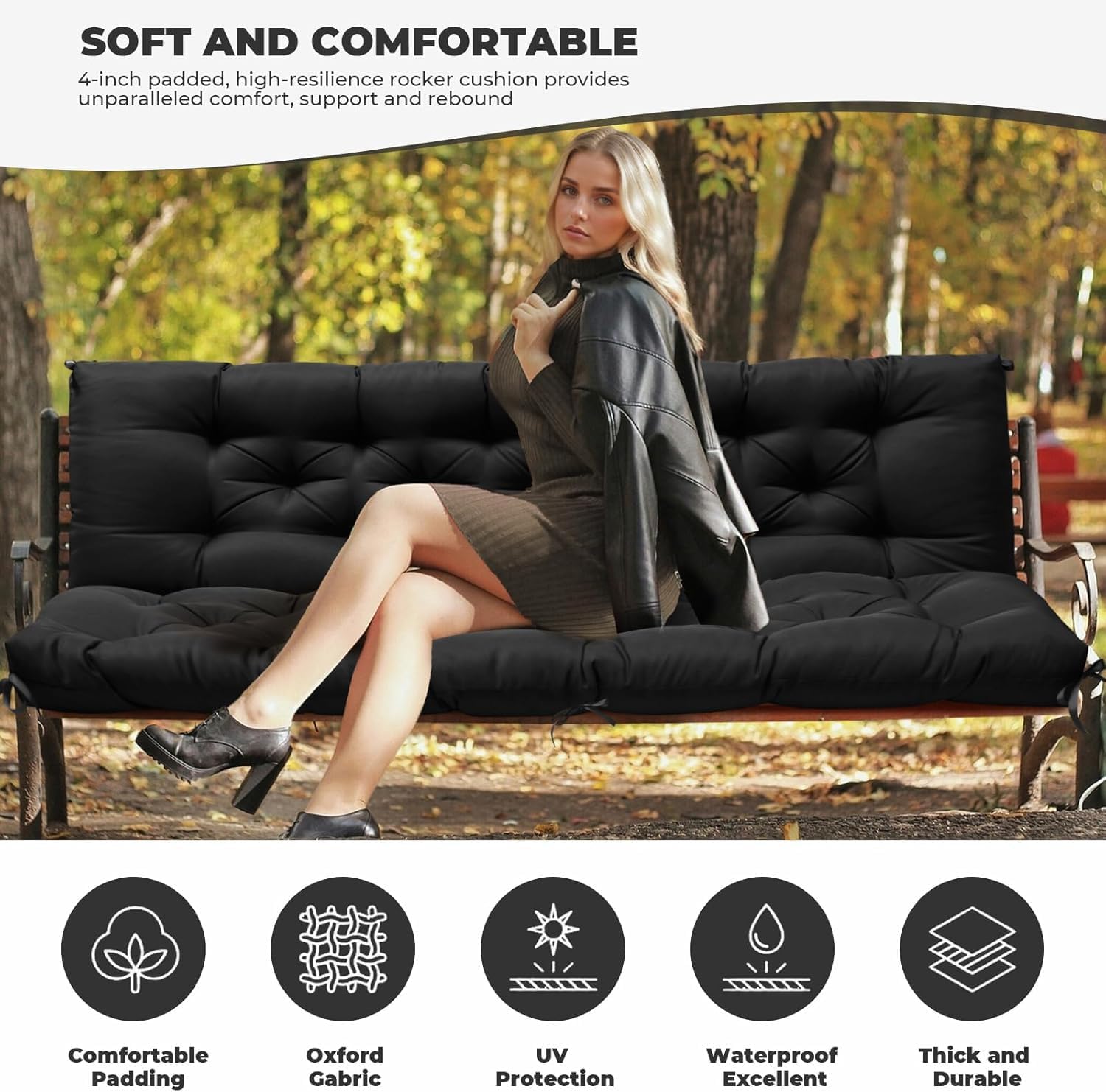 2 3 Seater Garden Bench Cushion Waterproof Black 150cm