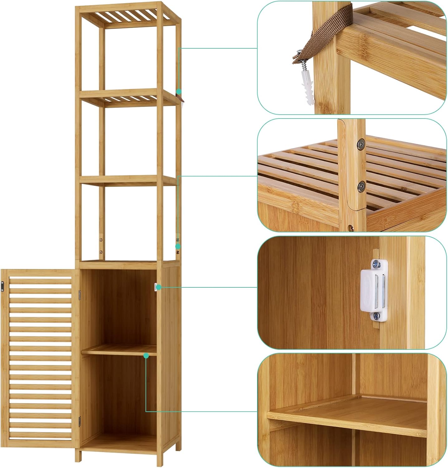Tall Bamboo Bathroom Storage Cabinet 3 Shelves Door Natural