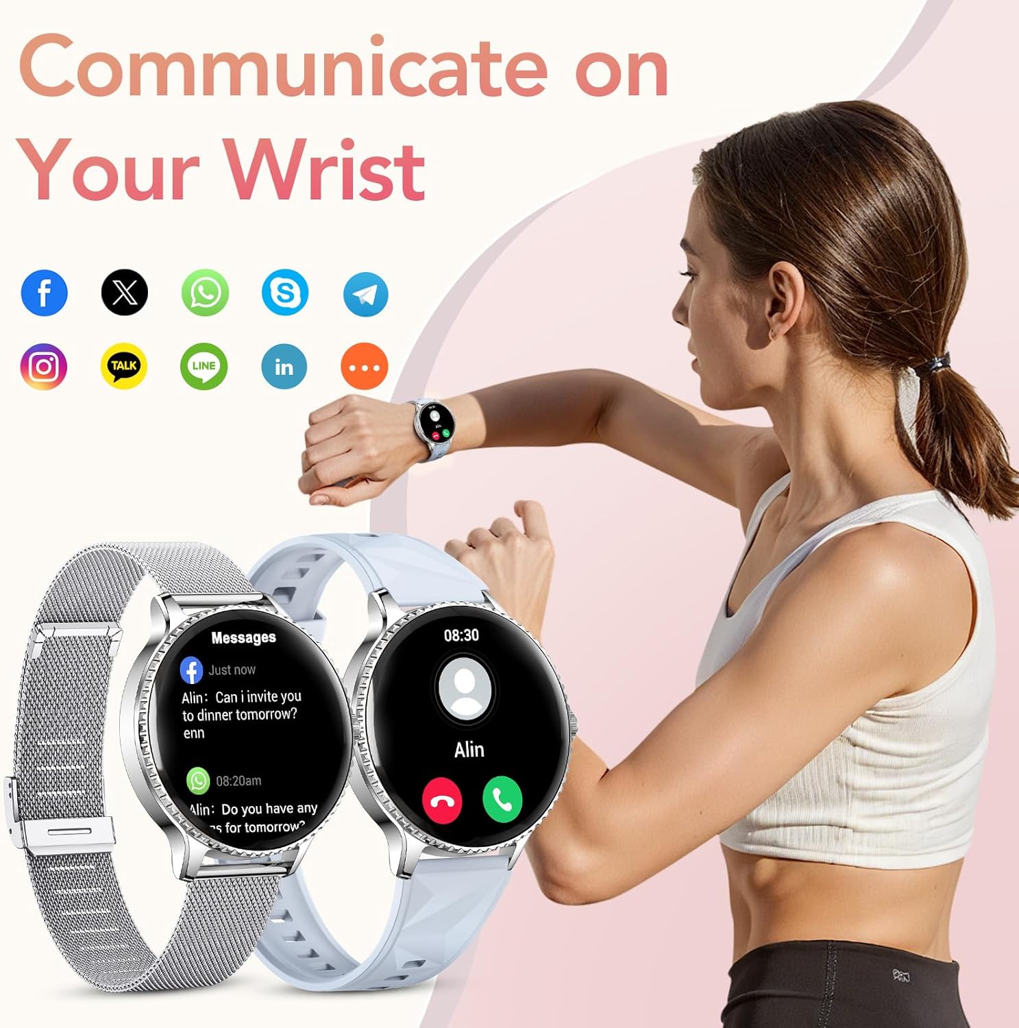 Womens Silver Smart Watch Bluetooth Call 2 Straps