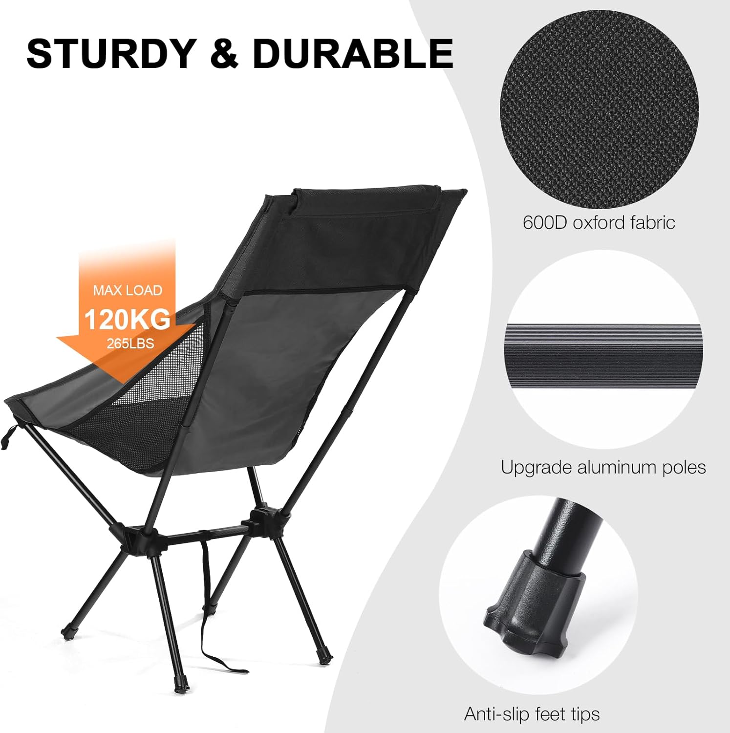 Black High Back Lightweight Camping Chair Portable Folding Outdoor Seat