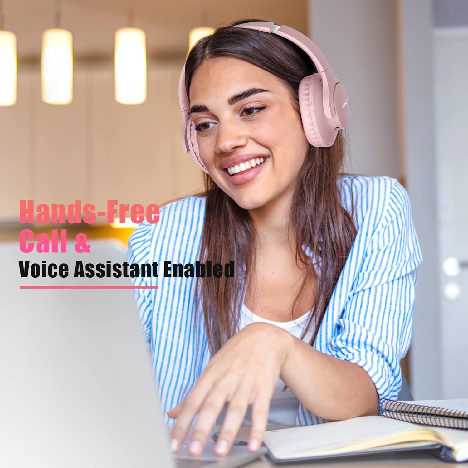 Pink Bluetooth Over Ear Headphones 65H Playtime Foldable Deep Bass