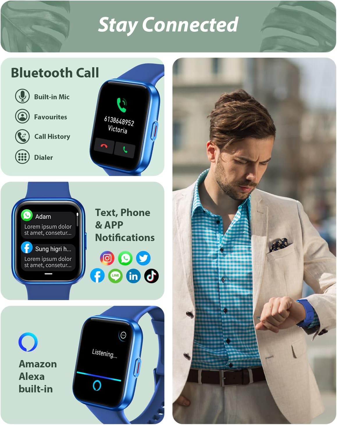 Smart Watch Bluetooth Calling Alexa 100 Sports Waterproof Fitness Watch