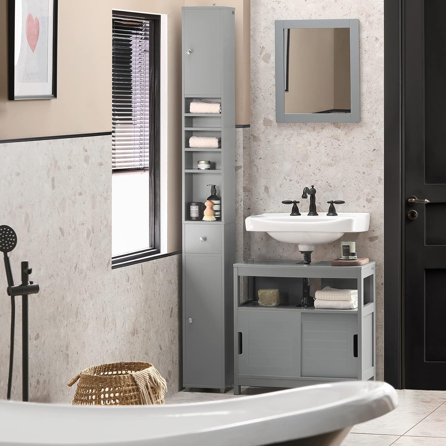 Slim Tall Bathroom Cabinet 20cm Grey Drawer Shelves 180cm