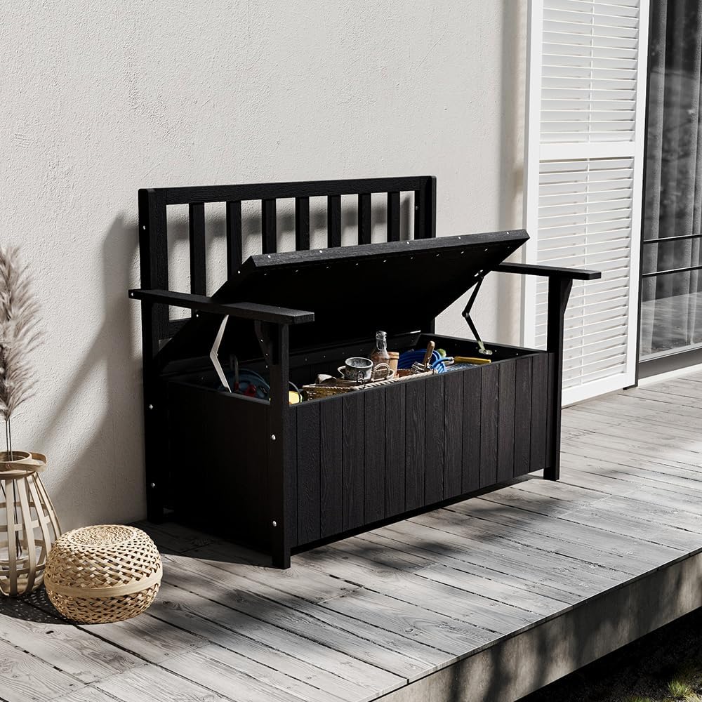 2 Seater Wooden Garden Storage Bench 135L Outdoor Patio Seat Black