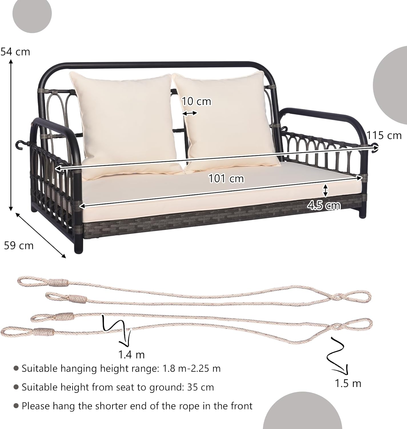 2 Seater Rattan Hanging Swing Bench Cushion Pillows Grey
