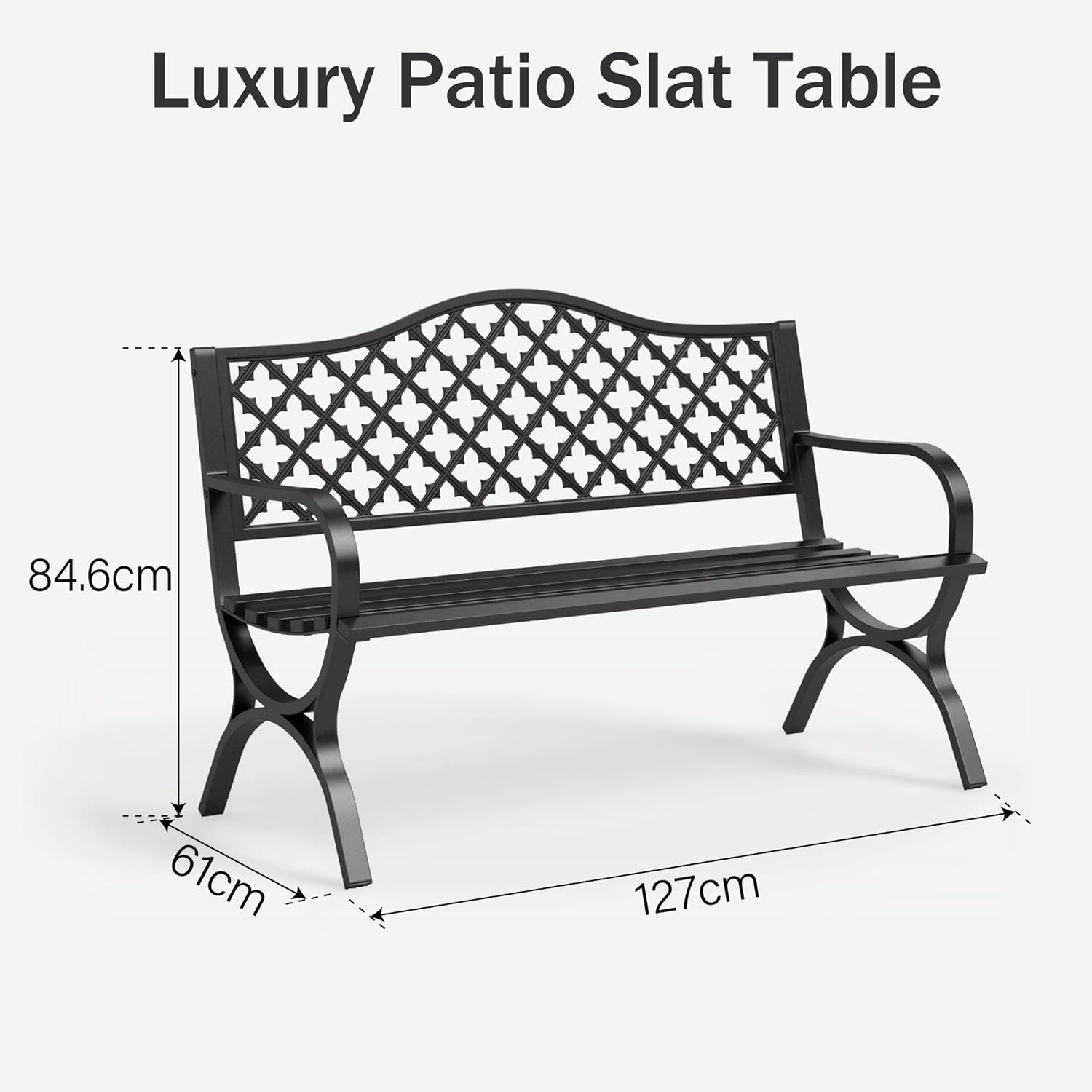 Black Metal Garden Bench 127cm Outdoor Patio Park Bench 2-3 Seater