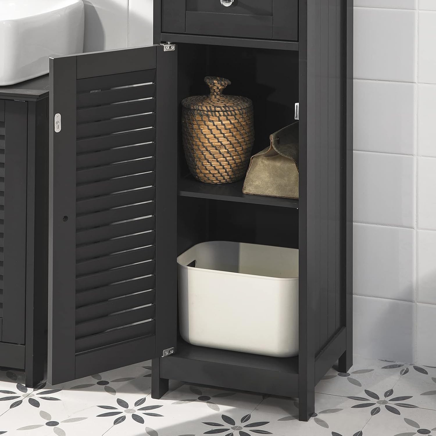 Slim Tall Bathroom Cabinet Dark Grey Louver Door Storage