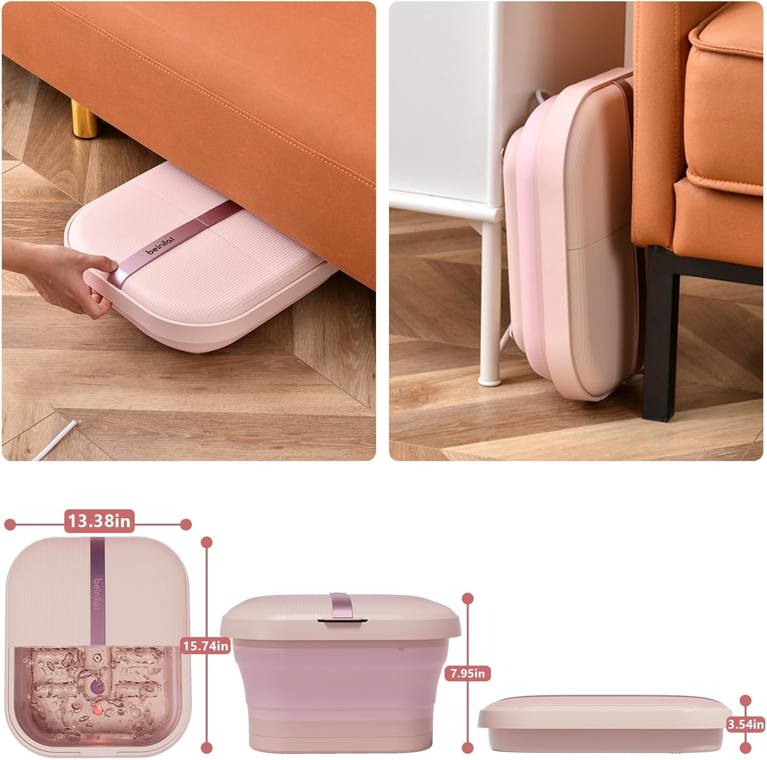 Collapsible Foot Spa Massager Heat Bubble Vibration Rollers Pink