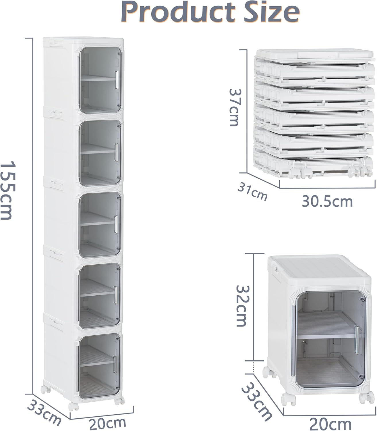 5 Tier Slim Bathroom Storage Cabinet with Wheels Waterproof Clear Smoke