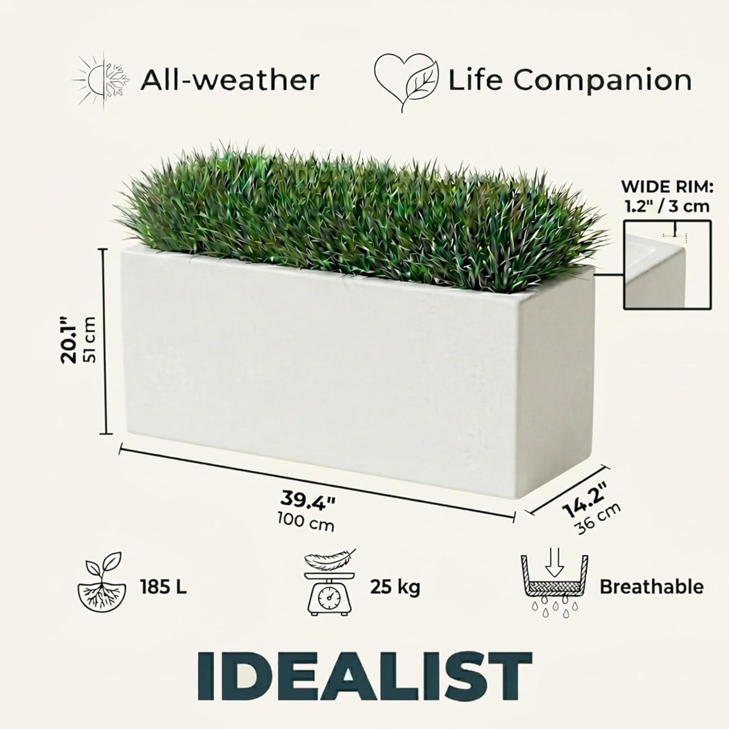 100cm Large Trough Planter White Stone Effect Outdoor Garden Pot