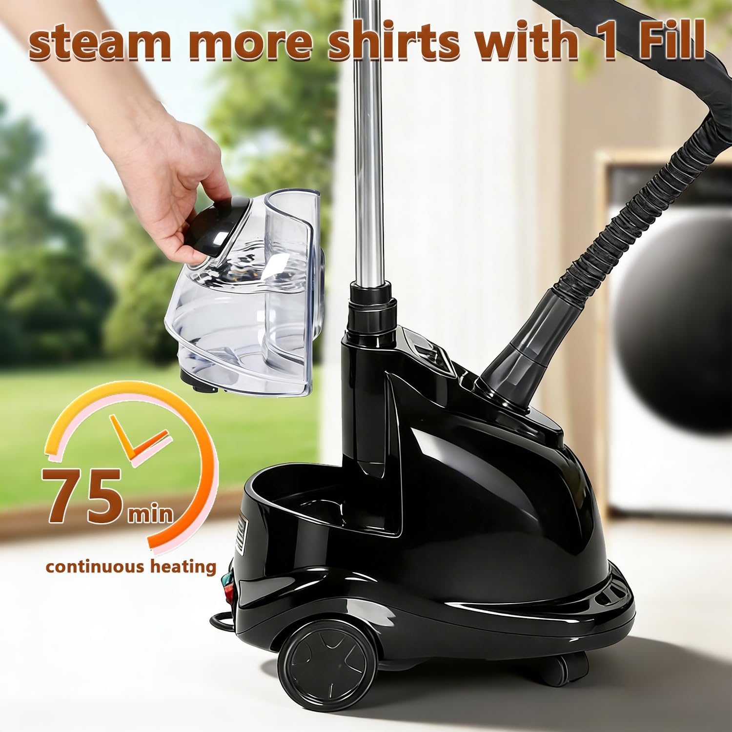 Upright Garment Steamer 2000W 2.4L Tank 90min Steam Wheels