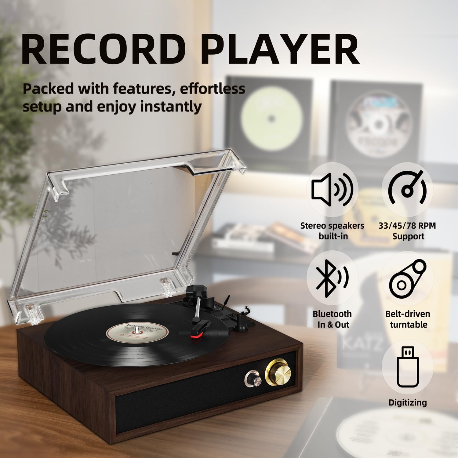 Bluetooth Record Player 3 Speed USB MP3 Recording Walnut