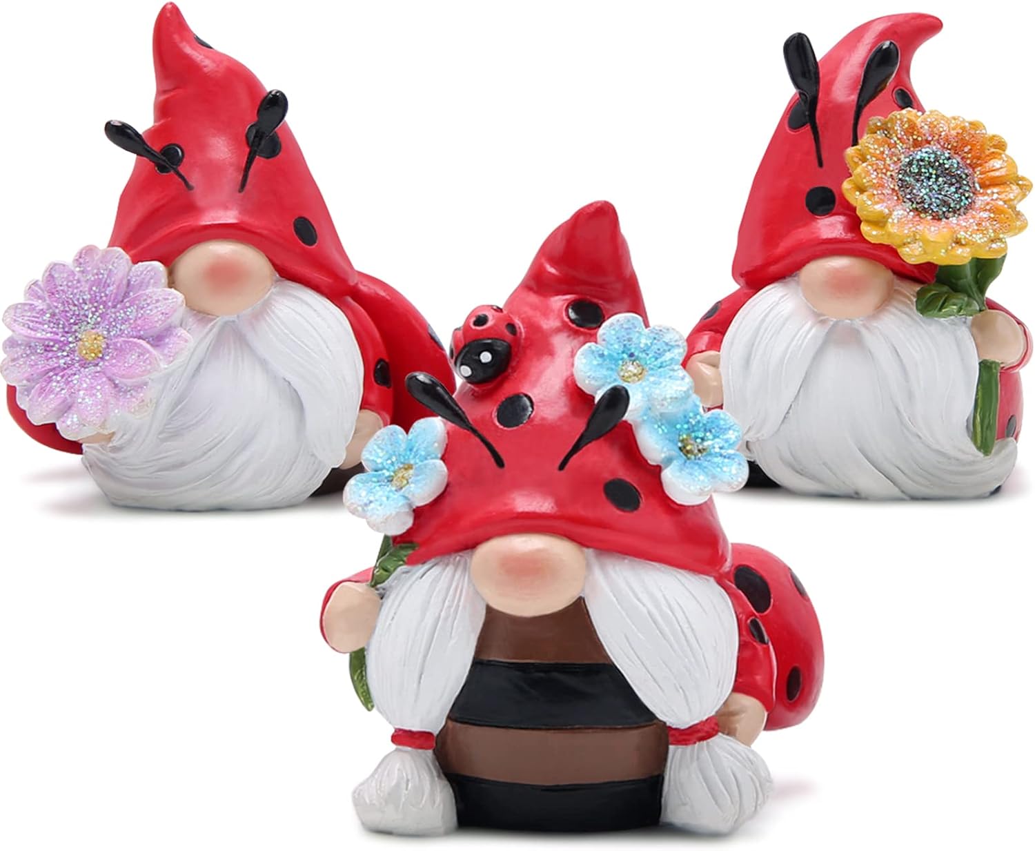3PCS Ladybird Garden Gnome Set Resin Outdoor Ornaments Flower Decor